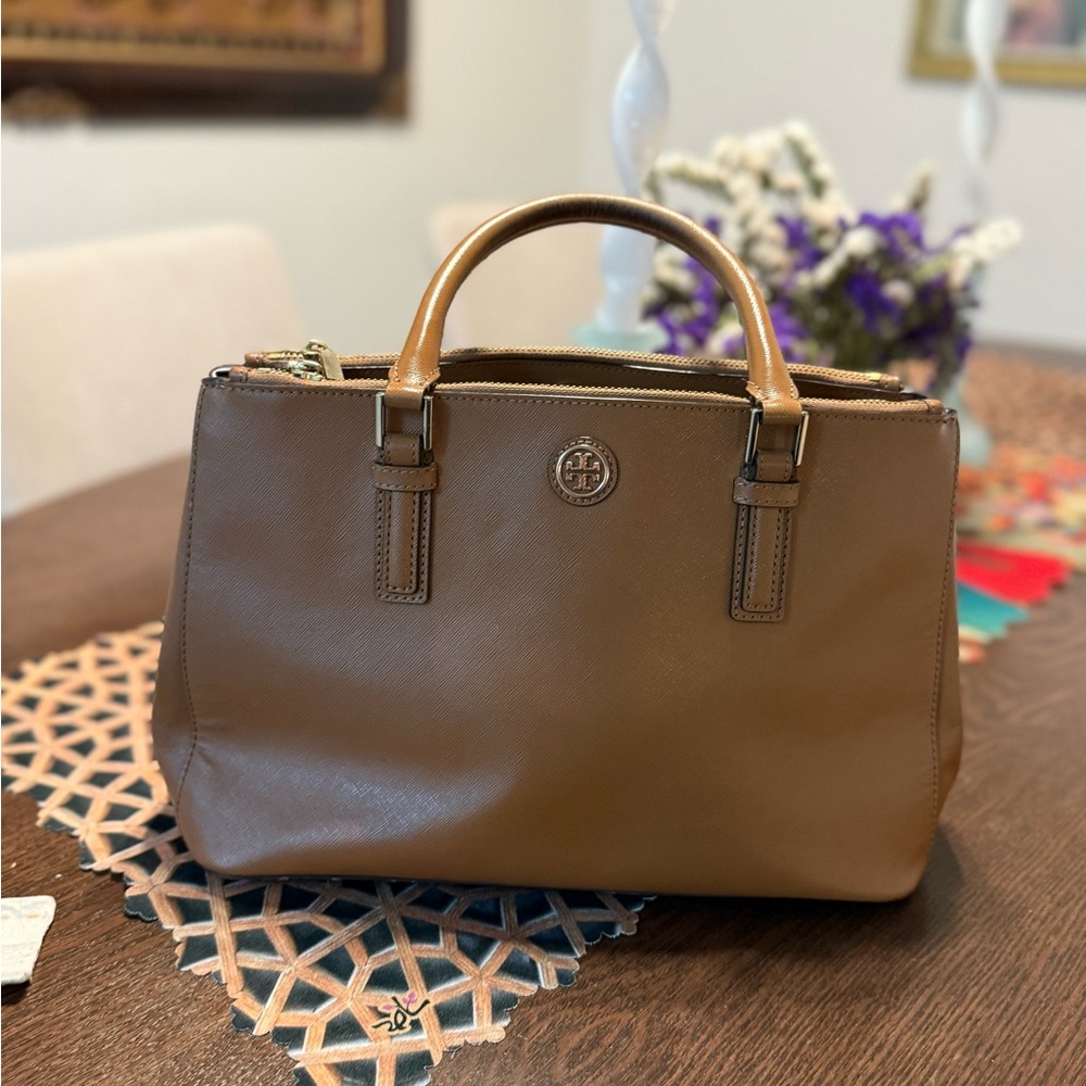 Tory Burch Brown Satchel with Signature Logo